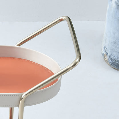 Mobile Oval Faux Saddle Leather Side Table With Gold Stainless Steel Frame -Creative Rolling Dual Tier Drink Trolley For Dining Room