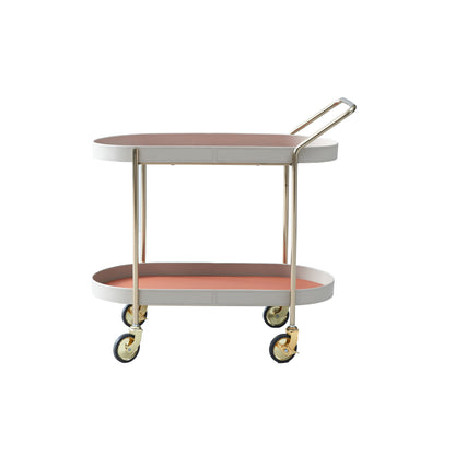 Mobile Oval Faux Saddle Leather Side Table With Gold Stainless Steel Frame -Creative Rolling Dual Tier Drink Trolley For Dining Room