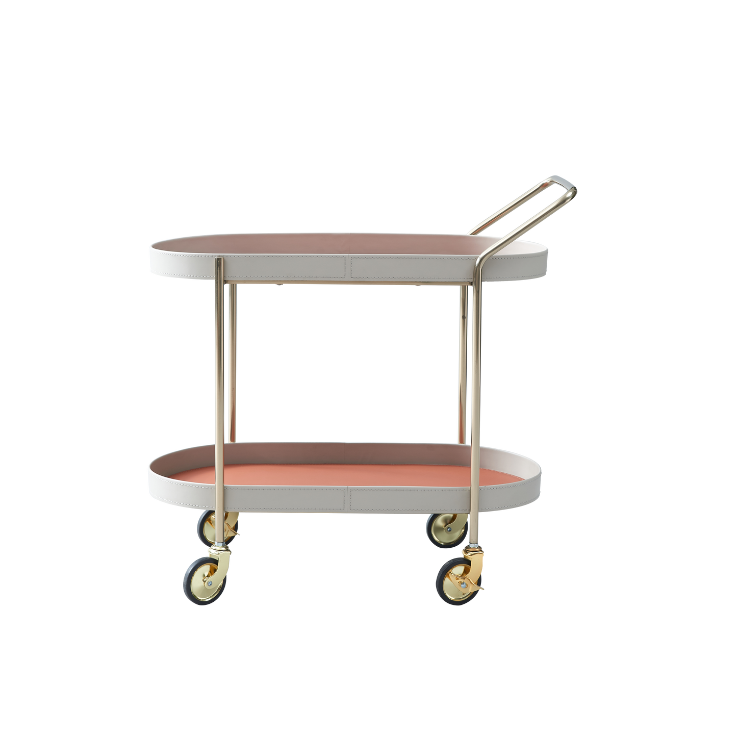 Mobile Oval Faux Saddle Leather Side Table With Gold Stainless Steel Frame -Creative Rolling Dual Tier Drink Trolley For Dining Room