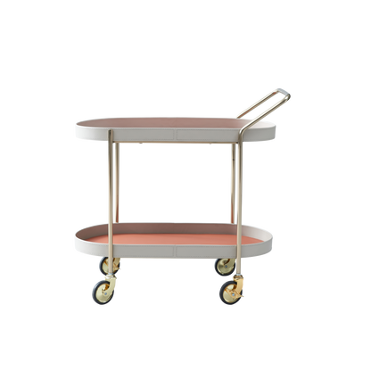 Mobile Oval Faux Saddle Leather Side Table With Gold Stainless Steel Frame -Creative Rolling Dual Tier Drink Trolley For Dining Room
