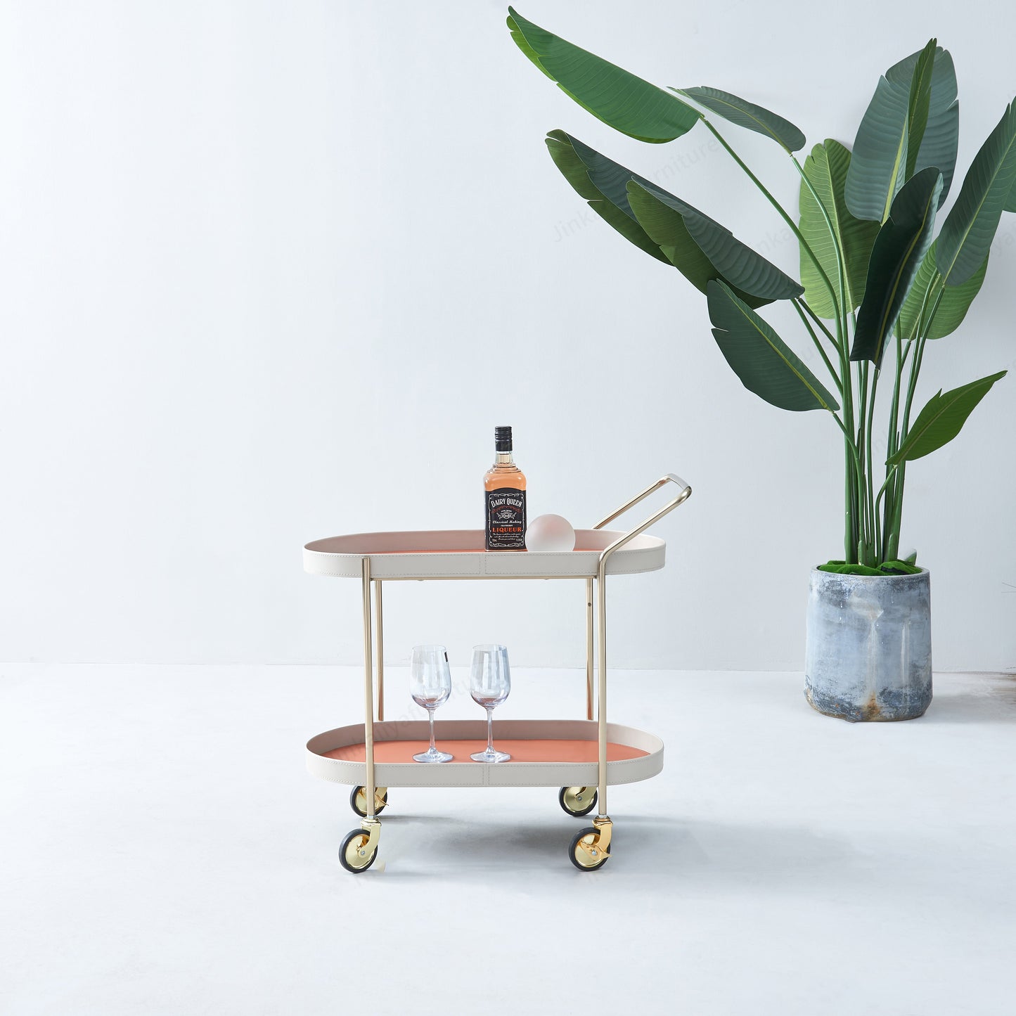 Mobile Oval Faux Saddle Leather Side Table With Gold Stainless Steel Frame -Creative Rolling Dual Tier Drink Trolley For Dining Room