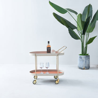 Mobile Oval Faux Saddle Leather Side Table With Gold Stainless Steel Frame -Creative Rolling Dual Tier Drink Trolley For Dining Room
