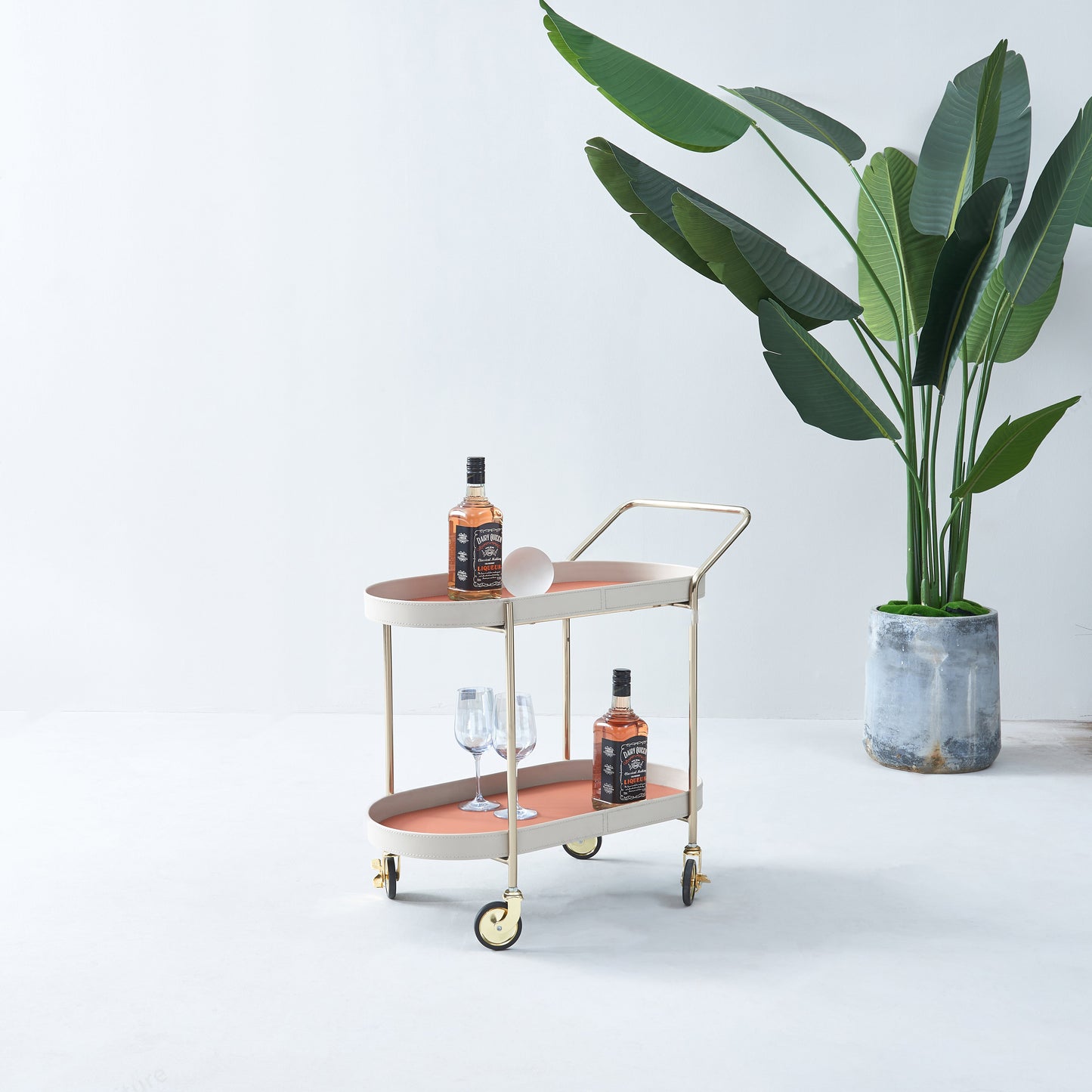 Mobile Oval Faux Saddle Leather Side Table With Gold Stainless Steel Frame -Creative Rolling Dual Tier Drink Trolley For Dining Room