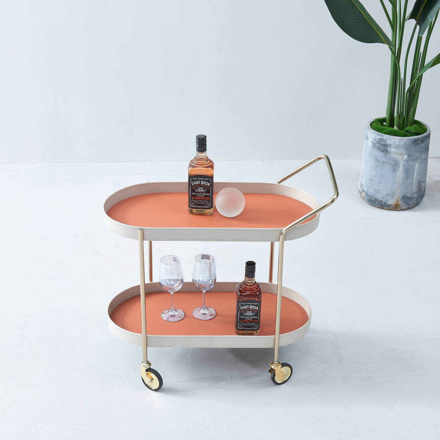Mobile Oval Faux Saddle Leather Side Table With Gold Stainless Steel Frame -Creative Rolling Dual Tier Drink Trolley For Dining Room