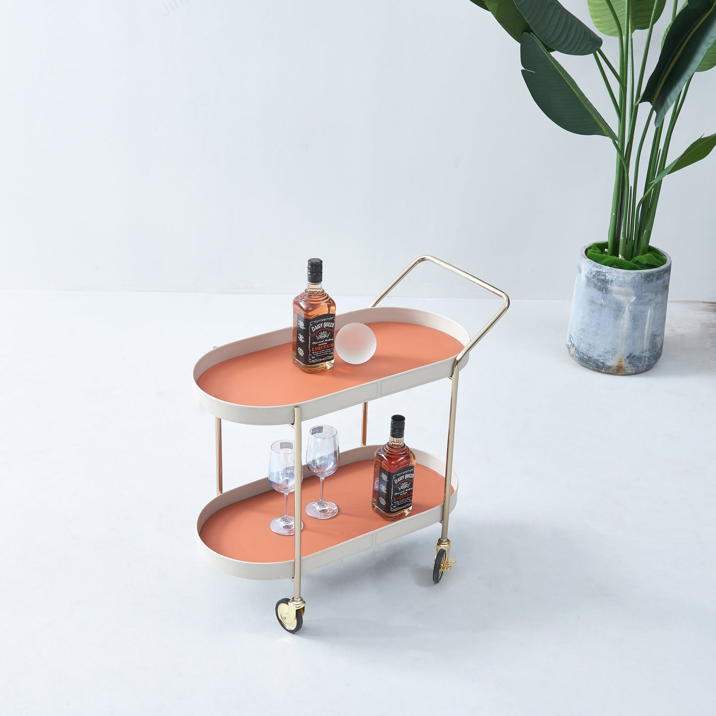 Mobile Oval Faux Saddle Leather Side Table With Gold Stainless Steel Frame -Creative Rolling Dual Tier Drink Trolley For Dining Room