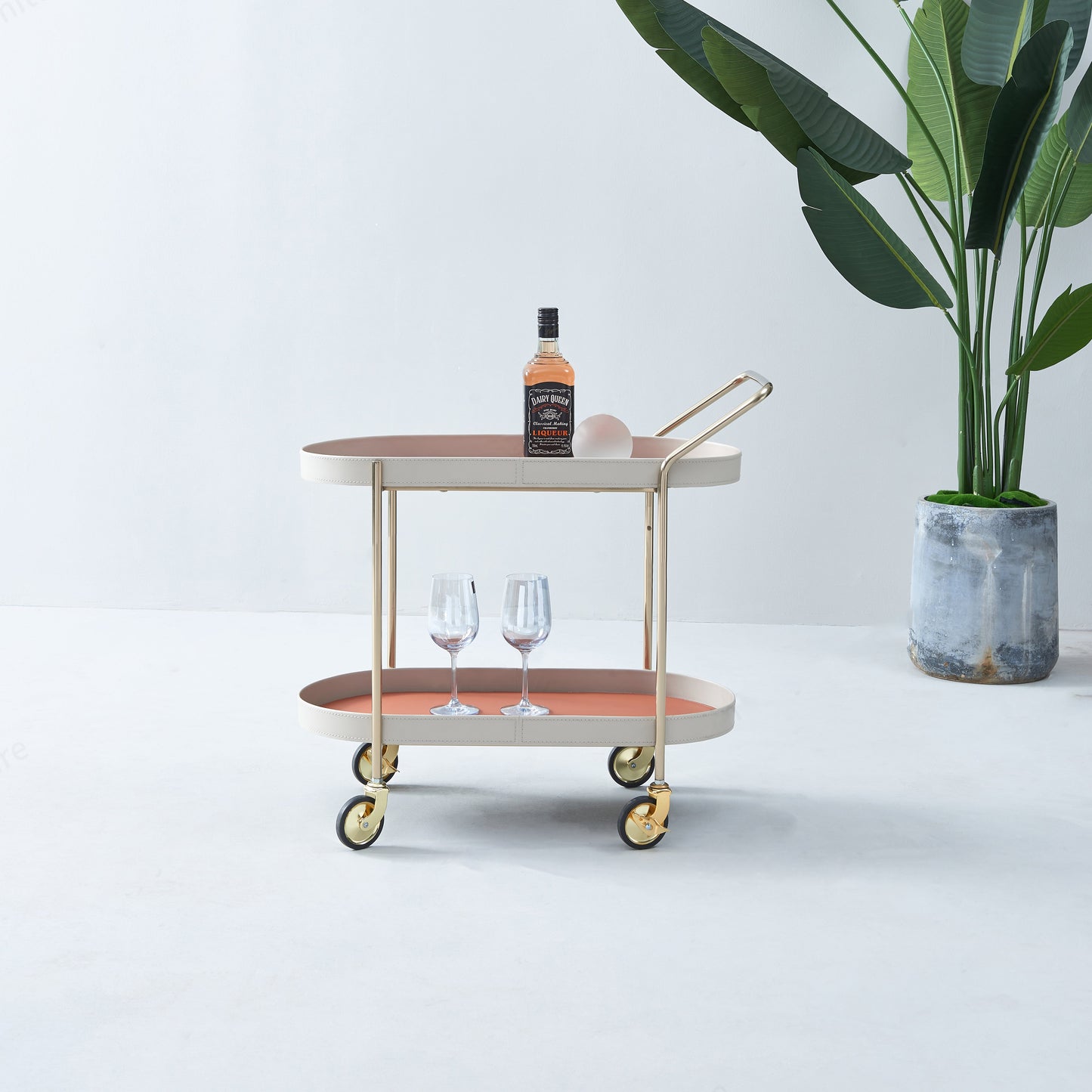 Mobile Oval Faux Saddle Leather Side Table With Gold Stainless Steel Frame -Creative Rolling Dual Tier Drink Trolley For Dining Room