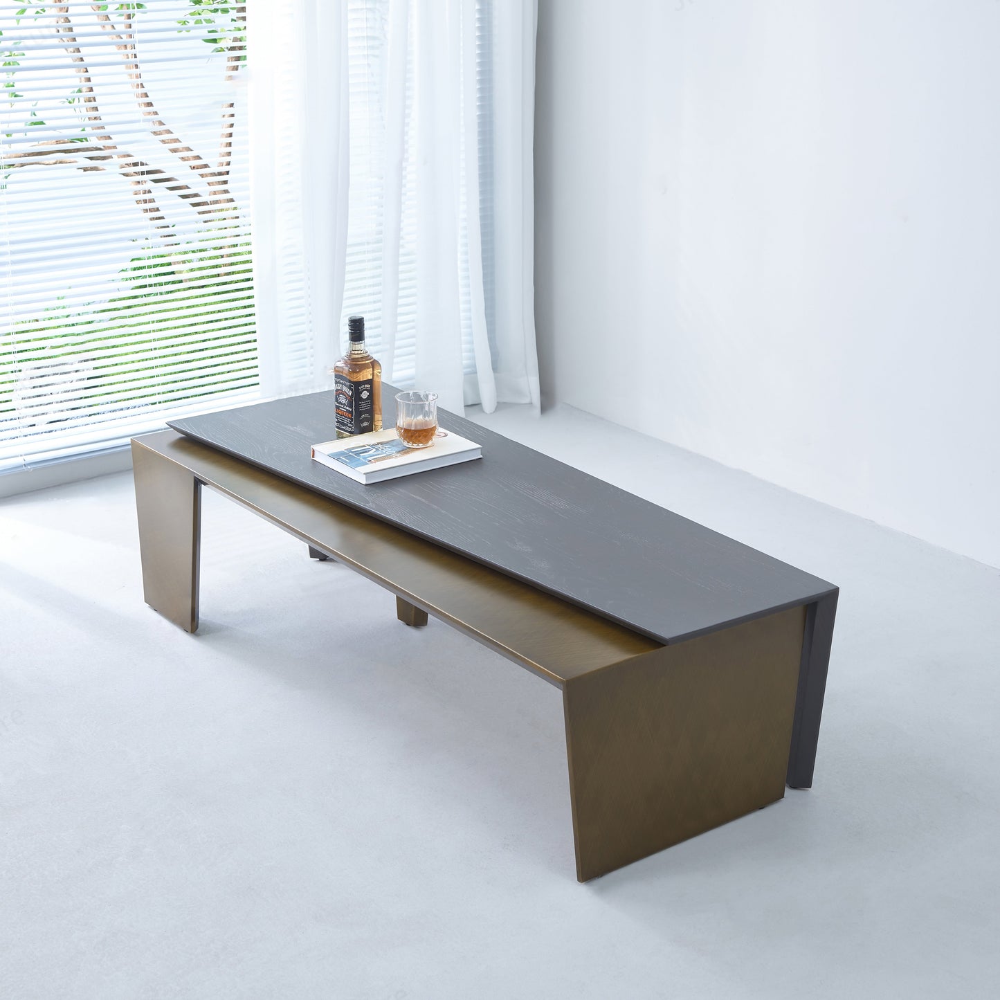Rectangular Antique Brass Walnut Wood Coffee Table - Creative Sleek Silhouette End Table For Living Room
