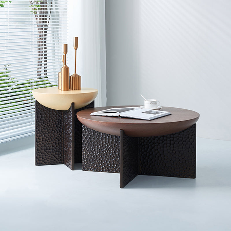 Geometric Cross Base Round Solid Wood Coffee Table - Scandinavian Radiating Grain Tea Table For Living Room
