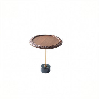 Hammered Edge Round Solid Wood Natural Marble End Table - Vintage Artistic Side Table For Living Room