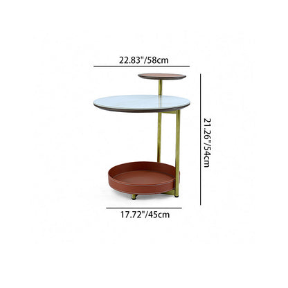 Two-Layer Round Rock Slab Ironwood Veneer Faux Saddle Leather End Table - Creative Accent Side Table For Living Room