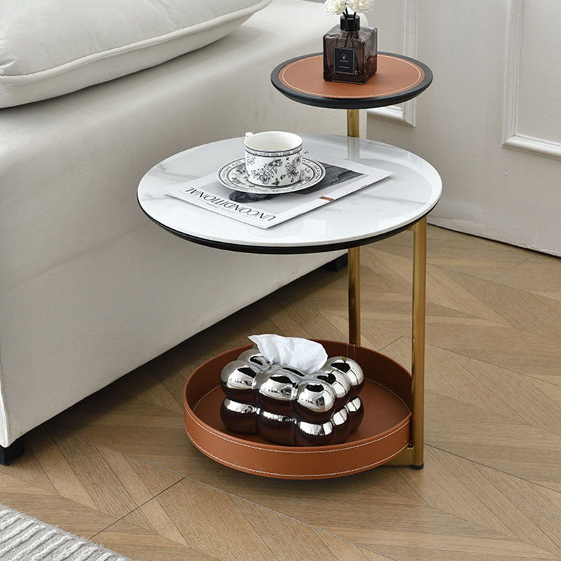 Two-Layer Round Rock Slab Ironwood Veneer Faux Saddle Leather End Table - Creative Accent Side Table For Living Room
