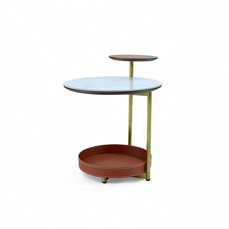 Two-Layer Round Rock Slab Ironwood Veneer Faux Saddle Leather End Table - Creative Accent Side Table For Living Room