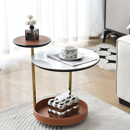 Two-Layer Round Rock Slab Ironwood Veneer Faux Saddle Leather End Table - Creative Accent Side Table For Living Room