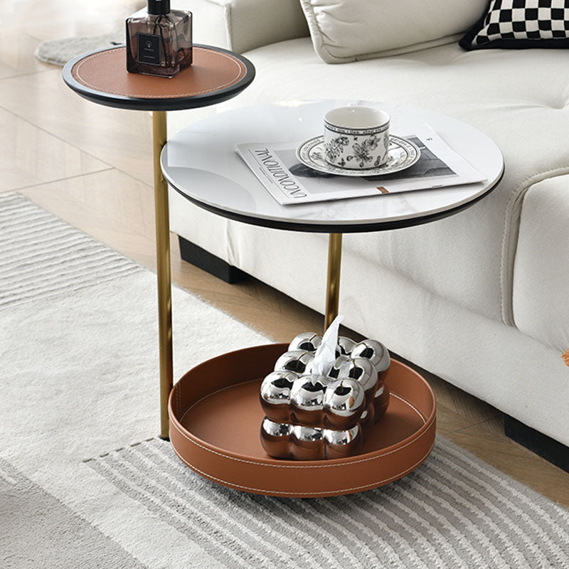 Two-Layer Round Rock Slab Ironwood Veneer Faux Saddle Leather End Table - Creative Accent Side Table For Living Room