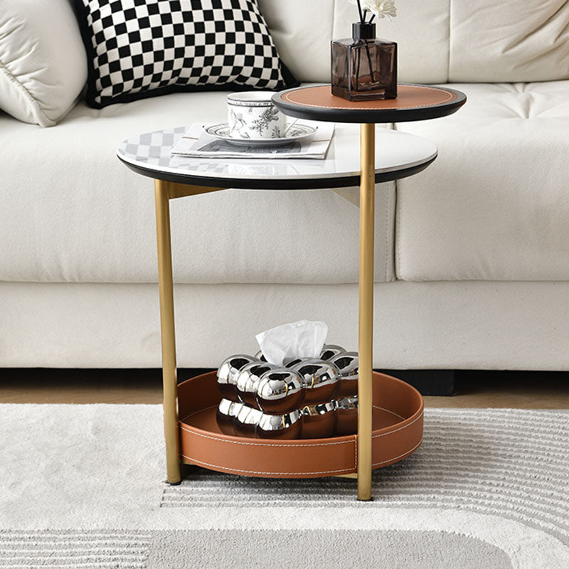 Two-Layer Round Rock Slab Ironwood Veneer Faux Saddle Leather End Table - Creative Accent Side Table For Living Room