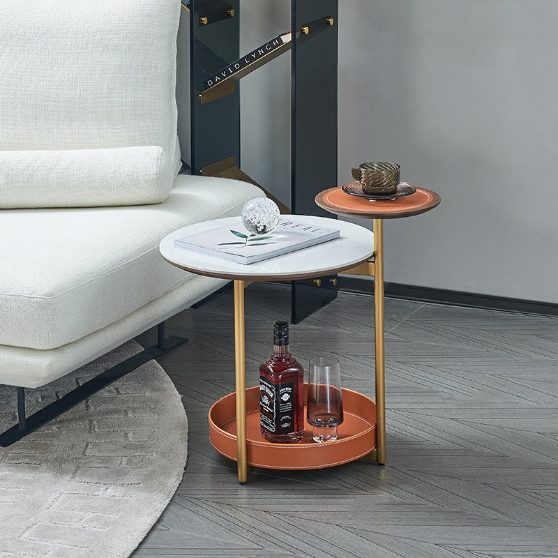 Two-Layer Round Rock Slab Ironwood Veneer Faux Saddle Leather End Table - Creative Accent Side Table For Living Room