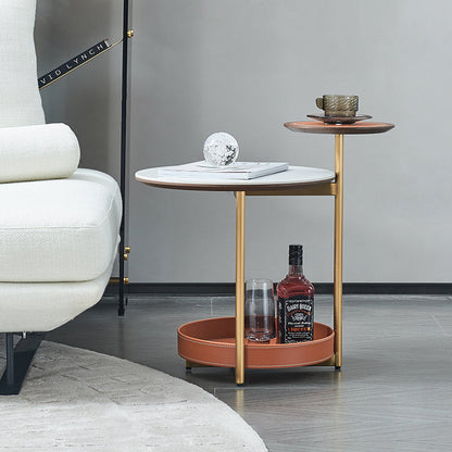 Two-Layer Round Rock Slab Ironwood Veneer Faux Saddle Leather End Table - Creative Accent Side Table For Living Room
