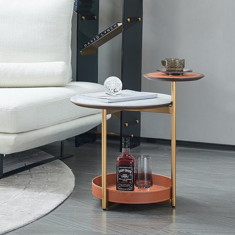 Two-Layer Round Rock Slab Ironwood Veneer Faux Saddle Leather End Table - Creative Accent Side Table For Living Room