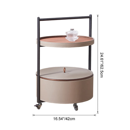 Smooth Casters Round Faux Saddle Leather End Table - Creative 1-Tier Accent Trolley For Living Room
