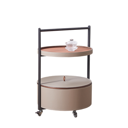 Smooth Casters Round Faux Saddle Leather End Table - Creative 1-Tier Accent Trolley For Living Room