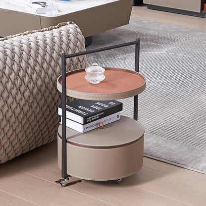 Smooth Casters Round Faux Saddle Leather End Table - Creative 1-Tier Accent Trolley For Living Room