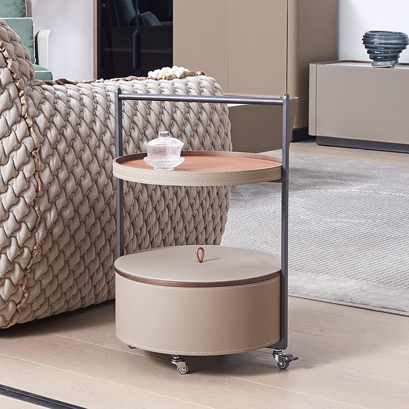 Smooth Casters Round Faux Saddle Leather End Table - Creative 1-Tier Accent Trolley For Living Room