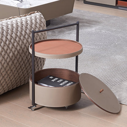Smooth Casters Round Faux Saddle Leather End Table - Creative 1-Tier Accent Trolley For Living Room