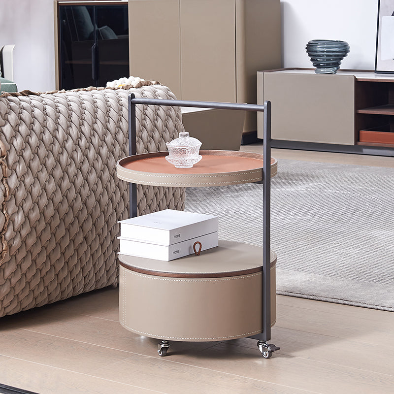 Smooth Casters Round Faux Saddle Leather End Table - Creative 1-Tier Accent Trolley For Living Room