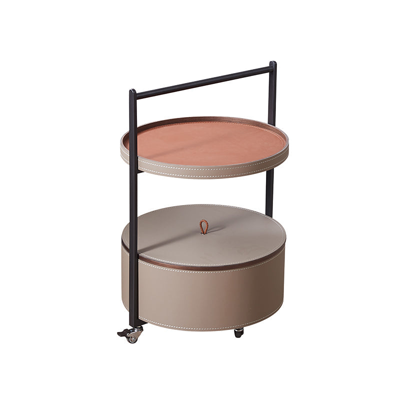 Smooth Casters Round Faux Saddle Leather End Table - Creative 1-Tier Accent Trolley For Living Room