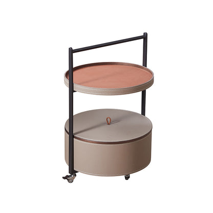 Smooth Casters Round Faux Saddle Leather End Table - Creative 1-Tier Accent Trolley For Living Room
