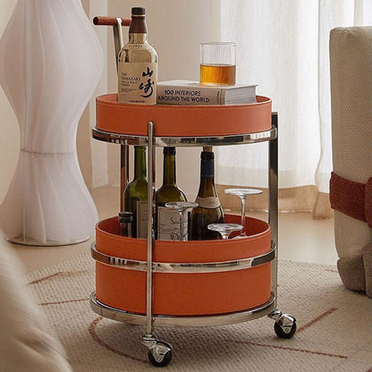 Rolling Round Elegant Faux Saddle Leather Solid Wood End Table - Creative Multifunction Tea Trolley For Living Room