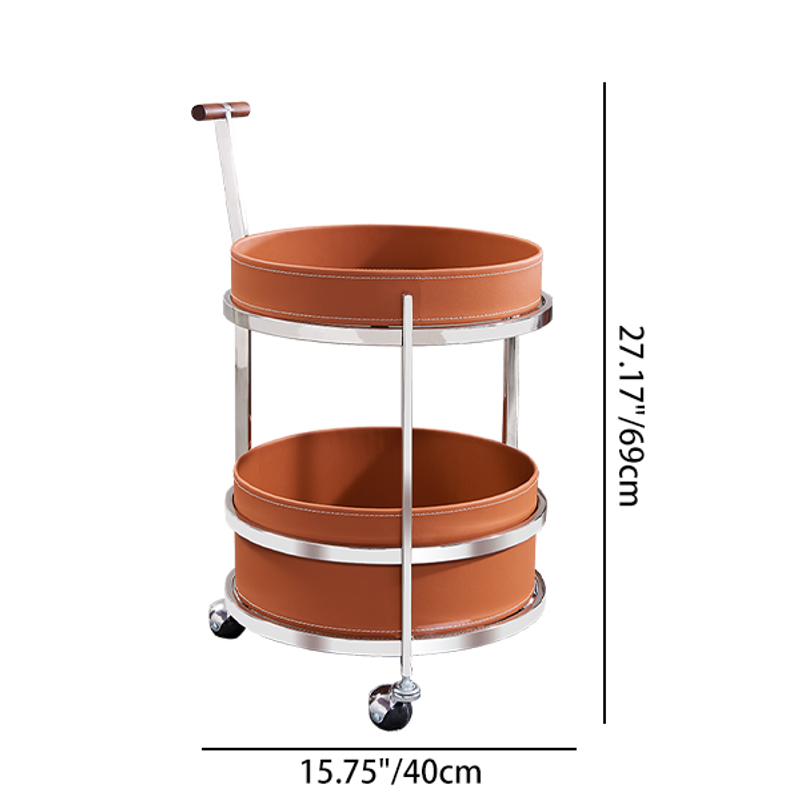 Rolling Round Elegant Faux Saddle Leather Solid Wood End Table - Creative Multifunction Tea Trolley For Living Room