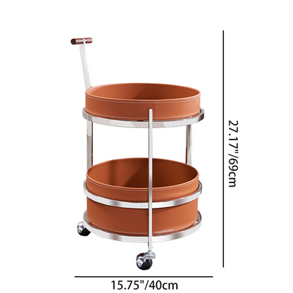 Rolling Round Elegant Faux Saddle Leather Solid Wood End Table - Creative Multifunction Tea Trolley For Living Room