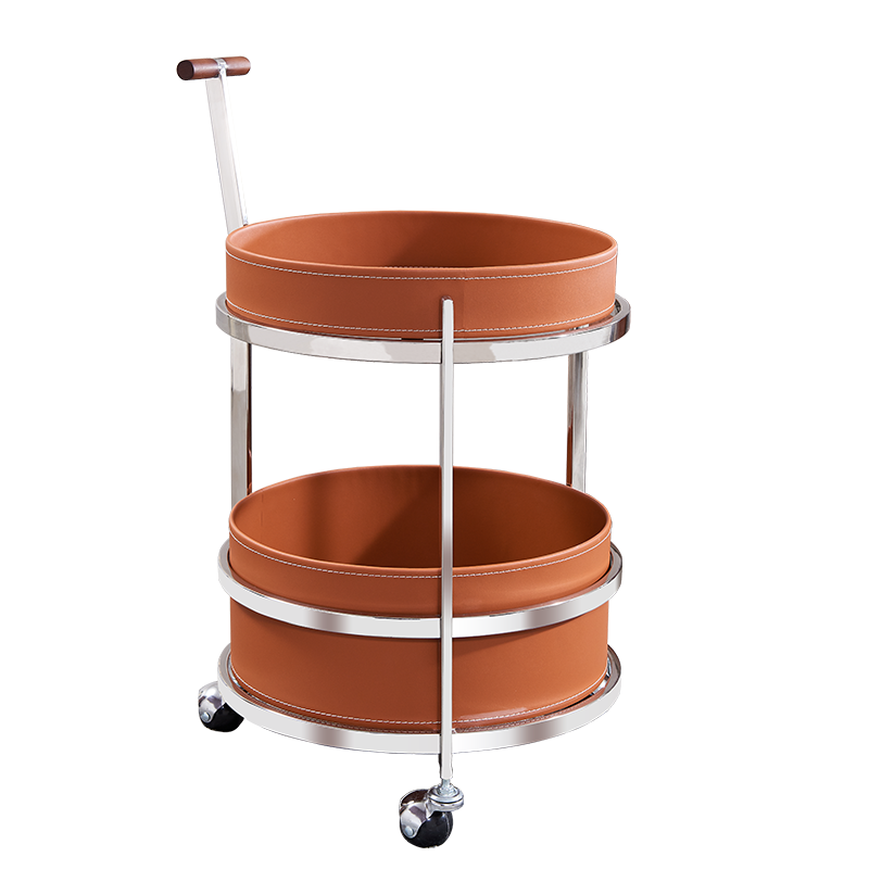 Rolling Round Elegant Faux Saddle Leather Solid Wood End Table - Creative Multifunction Tea Trolley For Living Room