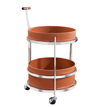 Rolling Round Elegant Faux Saddle Leather Solid Wood End Table - Creative Multifunction Tea Trolley For Living Room