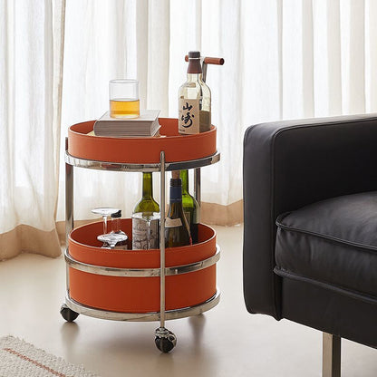 Rolling Round Elegant Faux Saddle Leather Solid Wood End Table - Creative Multifunction Tea Trolley For Living Room