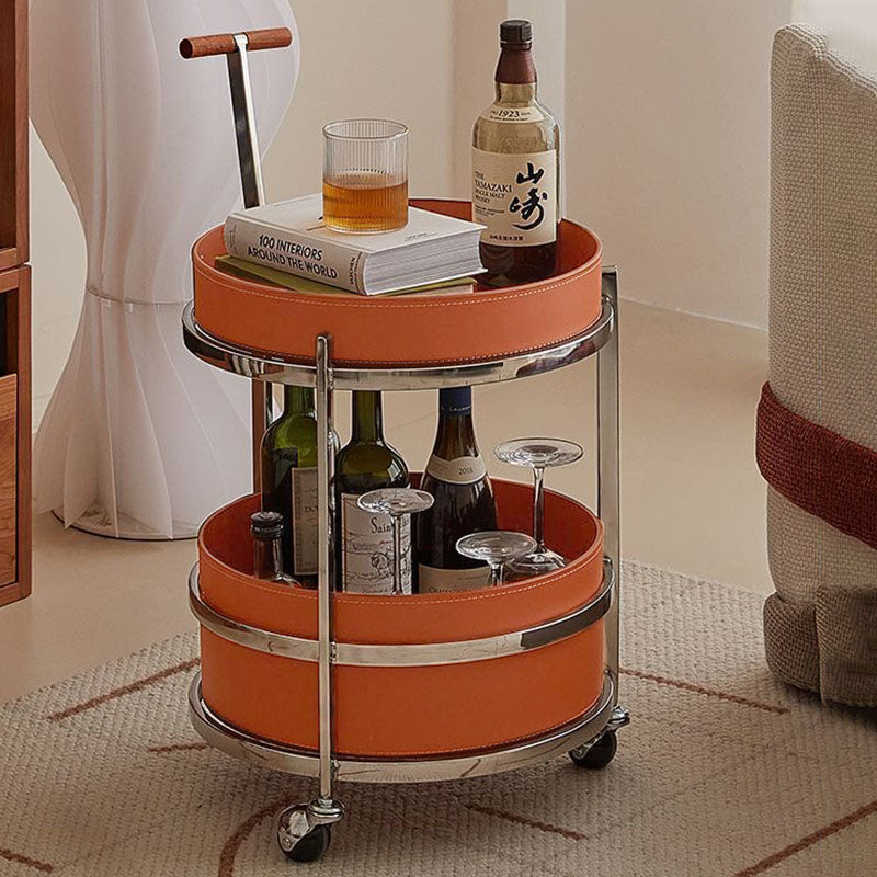 Rolling Round Elegant Faux Saddle Leather Solid Wood End Table - Creative Multifunction Tea Trolley For Living Room