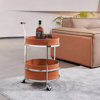 Rolling Round Elegant Faux Saddle Leather Solid Wood End Table - Creative Multifunction Tea Trolley For Living Room