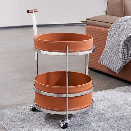 Rolling Round Elegant Faux Saddle Leather Solid Wood End Table - Creative Multifunction Tea Trolley For Living Room