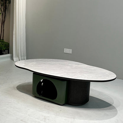 Oval Shape Sintered Stone Solid Wood Coffee Table - Scandinavian Unique Hollow Base End Table For Living Room