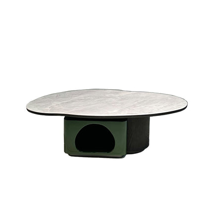 Oval Shape Sintered Stone Solid Wood Coffee Table - Scandinavian Unique Hollow Base End Table For Living Room