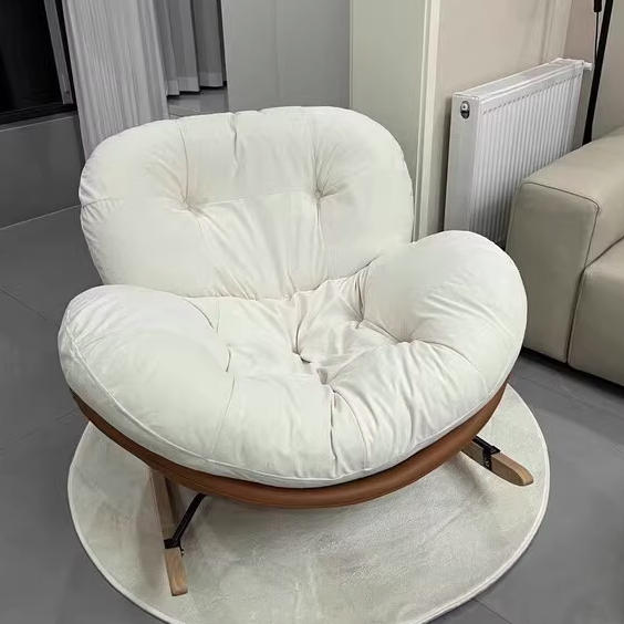 Contemporary Nordic Woven Fabric Cat-Scratch Leather Rubberwood Carbon Steel Round Rocking Chair Backrest Armrest For Living Room