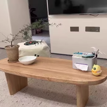 Traditional Japanese Ellipse Pine Wood Coffee Table For Living Room