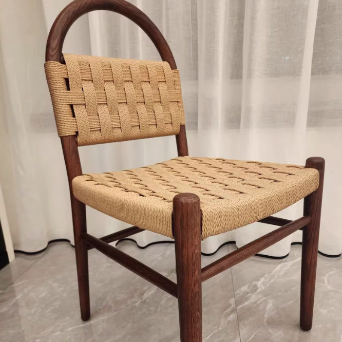 Contemporary Retro Square Rectangular Rubberwood Kraft Paper Rope Weaving Dining Chair Backrest Armless For Dining Room & Kitchen