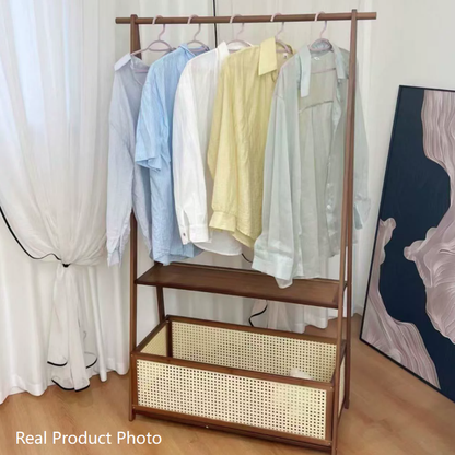 Contemporary Retro Trapezoidal Multifunctional Nan Bamboo Hall Tree Coat Rack With Wheels & Plastic Rattan Laundry Basket For Entryway