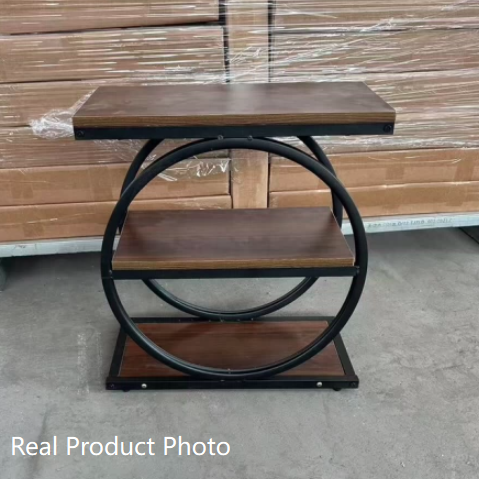 Contemporary Industrial MDF Carbon Steel Dual Ring Frame End Table 3-Tier Storage Shelves For Living Room