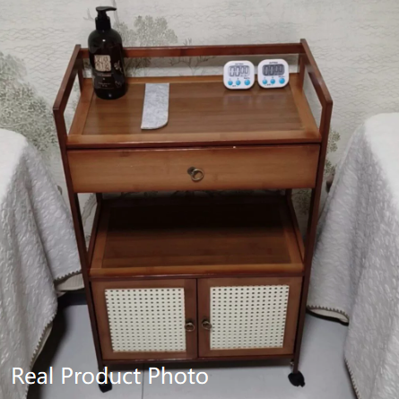 Traditional Chinese Nan Bamboo Fiberwood Rectangular Side Table 2-Tier Storage Cabinet & Drawer Rolling Cart For Living Room