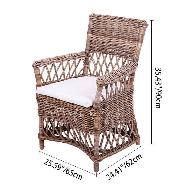 Coastal Rattan Dining Chair - Hand-Woven Indonesian Rattan Chair Backrest Armrest For Garden & Outdoor Patio