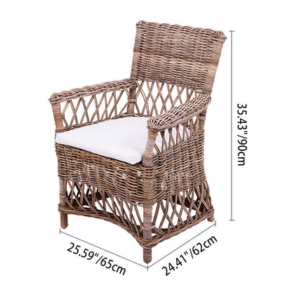 Coastal Rattan Dining Chair - Hand-Woven Indonesian Rattan Chair Backrest Armrest For Garden & Outdoor Patio