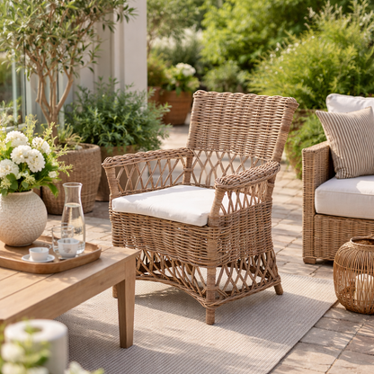 Coastal Rattan Dining Chair - Hand-Woven Indonesian Rattan Chair Backrest Armrest For Garden & Outdoor Patio